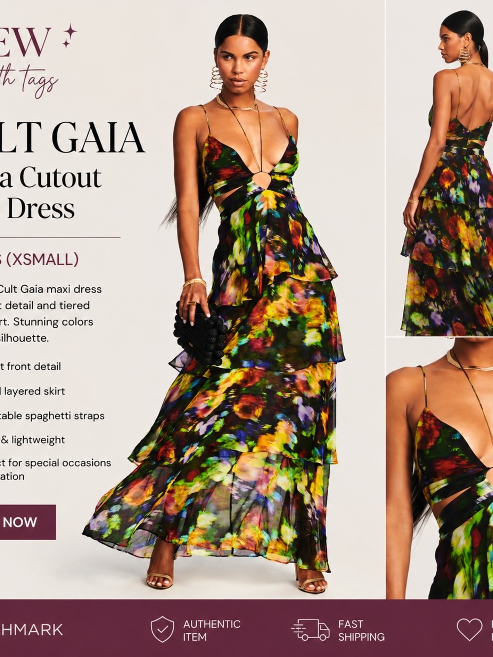 Retrofete Black Multicolor Floral Cutout Tiered Maxi